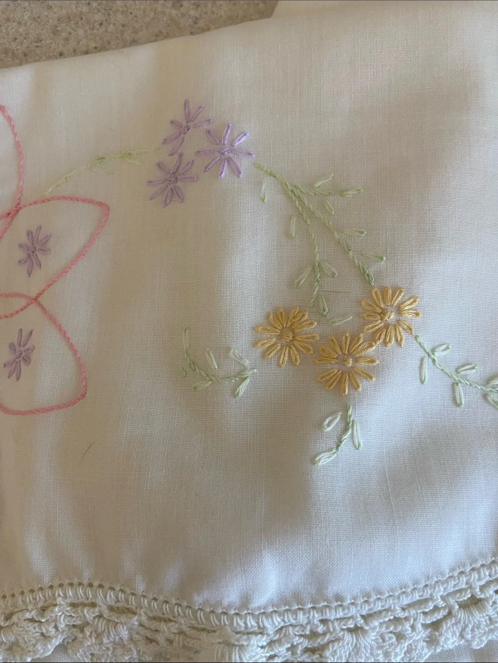 Vintage Hand Embroidered Floral Pillowcases Pair Crochet Trim